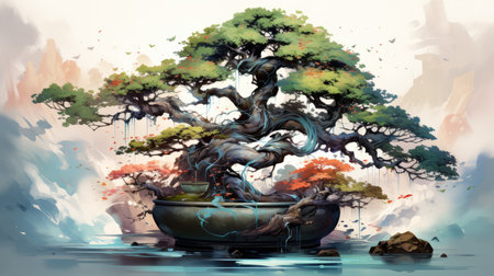 Bonsai tree in a pot on the water.の素材