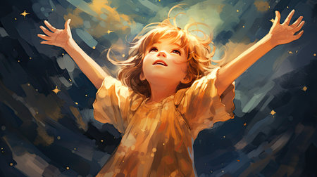 Little girl with her hands raised in the air.の素材