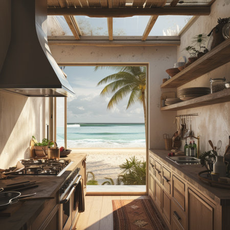 modern kitchen with sea view in the background.の素材