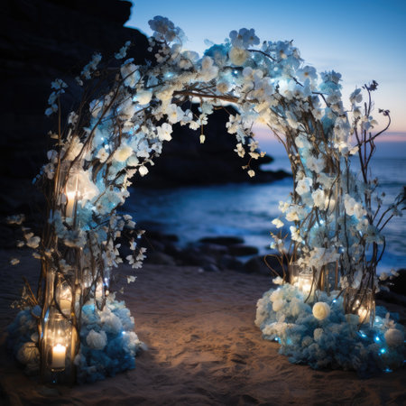 Wedding arch on the beach at sunset. Decorated with white flowersの素材