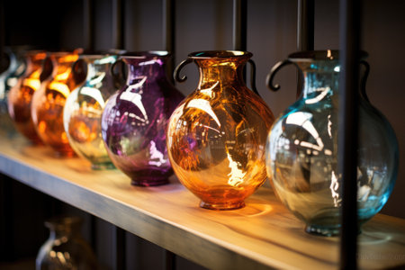 Colorful glass vases on the shelf in the shop window.の素材