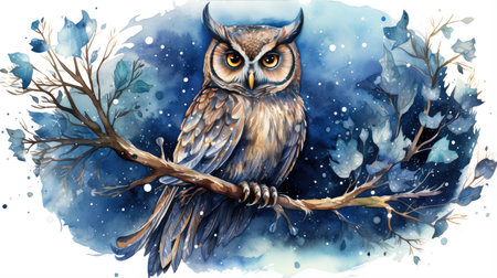Watercolor illustration of an owl sitting on a branch in winter forestの素材
