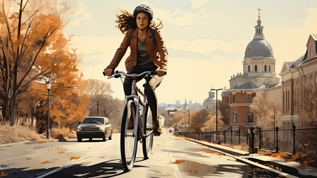 Young woman riding a bicycle on the road in the autumn city.の素材
