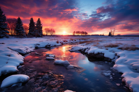 Beautiful winter landscape with frozen river at sunset. Dramatic sky.