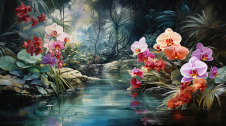 Watercolor painting of orchid flowers in a pondの素材
