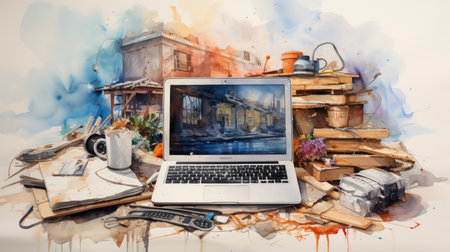 Laptop with coffee cup and books in front of houseの素材