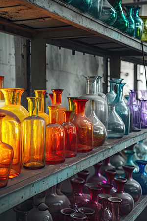 Colorful decorative glass vases on shelf in shop, vintage styleの素材