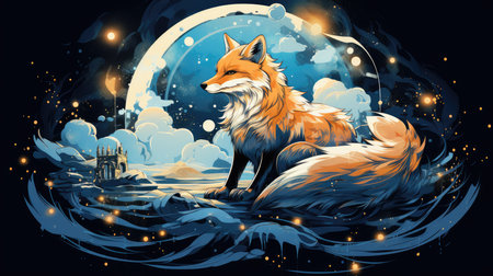 Vector illustration of a fox in the forest at night with full moonの素材