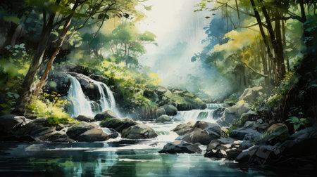 Watercolor Waterfall in deep forest.の素材