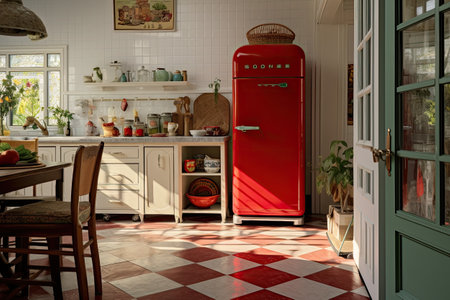 Vintage red refrigerator in the kitchen with wooden table and chairs.の素材