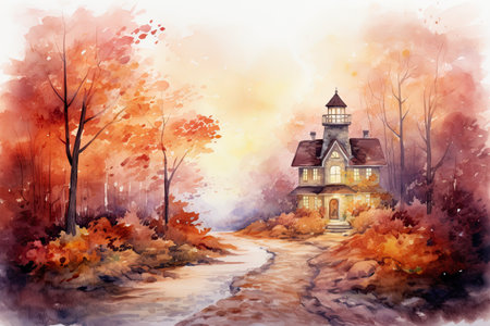 Watercolor house in the autumn forest.の素材