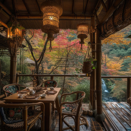 Autumn landscape in japanese restaurant with red maple leaves.の素材