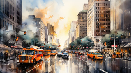 City street scene with traffic and people.の素材