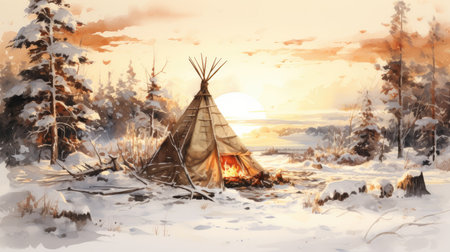 a tent in the woods during the winter sunset.の素材