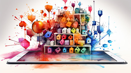 Tablet computer with colorful abstract cubes on white background.の素材