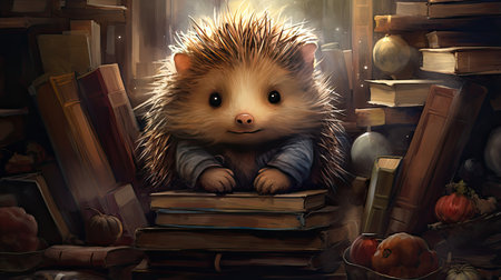 Hedgehog sitting on a stack of books. Halloween concept.の素材