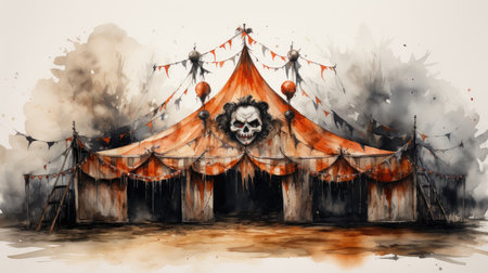 Watercolor illustration of a scary old carnival tent with a skullの素材
