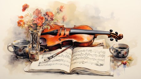 Watercolor painting of a violin and a cup of coffee on a white backgroundの素材