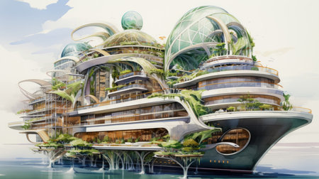 a cruise ship in the ocean with green plantsの素材