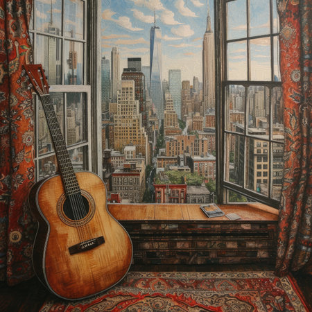 Guitar in the window with a view of Cityの素材