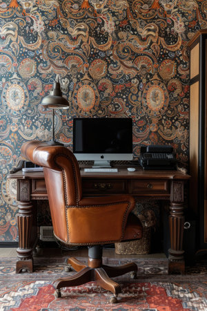 Laptop on the table in a room with a patterned wallpaperの素材