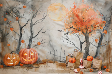 Halloween background with pumpkins and autumn trees.の素材