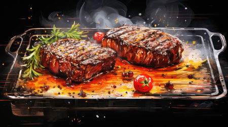 grilled beef steak with rosemary and tomatoes on a black backgroundの素材