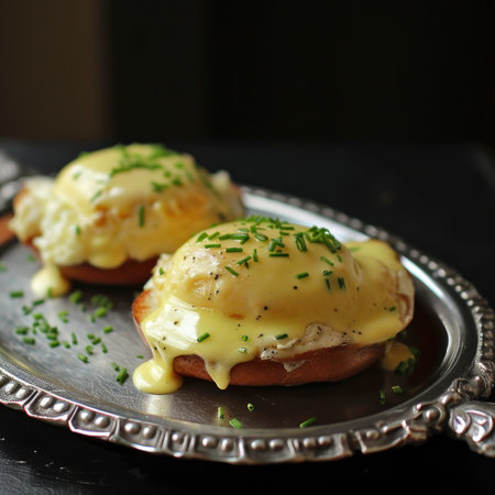 Eggs benedict with cheese and mustard on black backgroundの素材