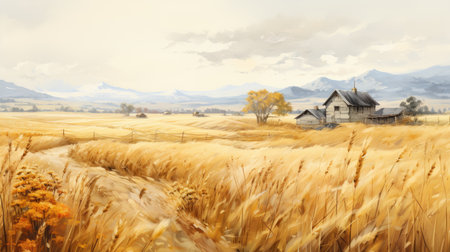 rural landscape in autumn with wheat field and old wooden houseの素材