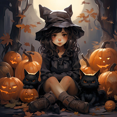 a girl in a witch costume sitting in the autumn forest with pumpkins and black catsの素材