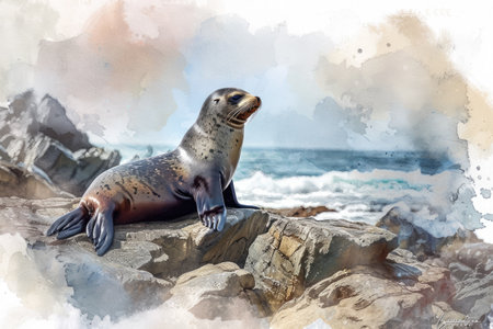 Watercolor painting of a sea lion resting on a rock at the beachの素材