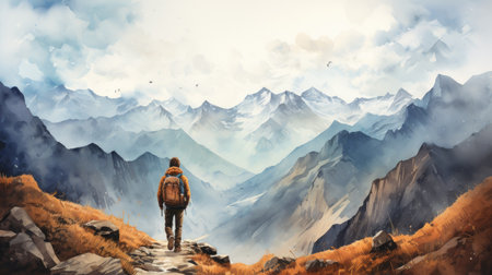 Hiker with backpack on mountain trail. Travel and adventure concept.の素材