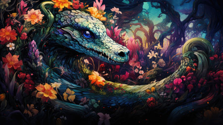 Dragon in fantasy forest with flowers.の素材