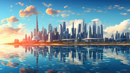 Cityscape with skyscrapers and reflection on water surface.の素材