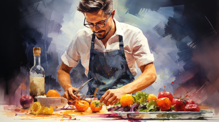 Young man cooking healthy food in the kitchen. Colorful background.の素材