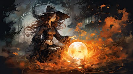 Halloween scene with witch and full moon in the dark forest.の素材