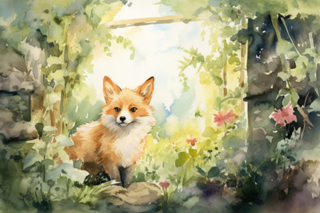 Watercolor painting of a cute fox in the forest.の素材
