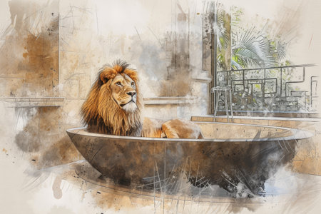 Watercolor painting of a lion in a hot tubの素材