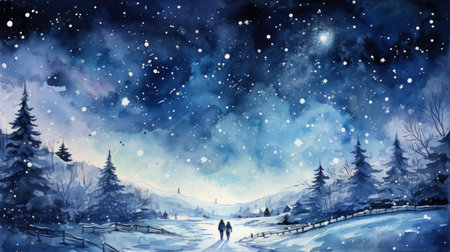 Watercolor Winter landscape with snow and fir trees.の素材