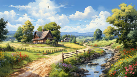 Beautiful summer landscape with a village and a small river.の素材