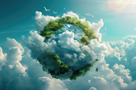 Earth planet with flying birds and clouds.の素材