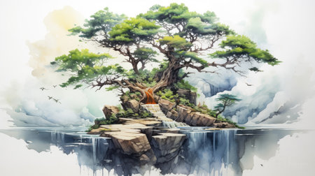 Bonsai tree on the island in watercolor painting style.の素材