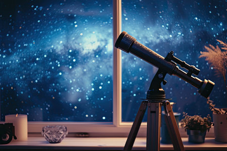 Telescope on the background of the night starry sky.の素材