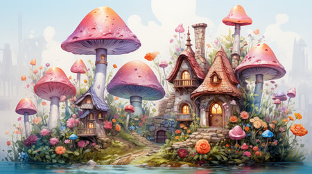 Fantasy fantasy landscape with fantasy houses and mushroomsの素材