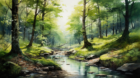 a river flowing through a green forest, with the sun shining through the treesの素材