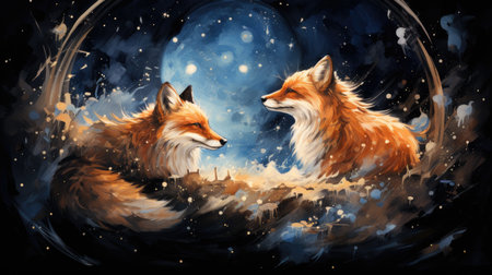 two foxes in the moonlightの素材