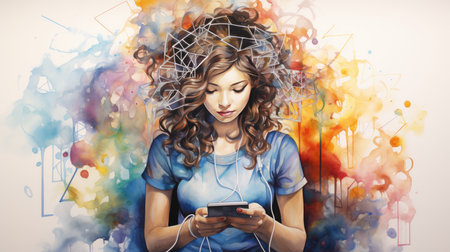 Young woman listening to music with headphones and mobile phone. Multicolored abstract background.の素材