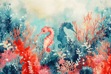 Watercolor Sea life with seahorse and corals.の素材