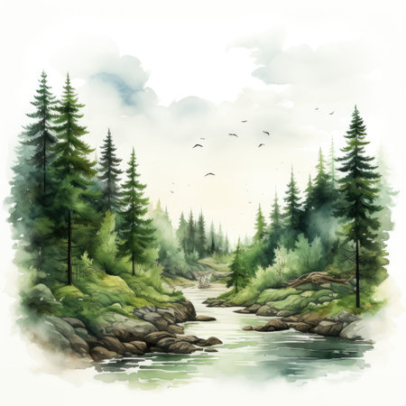 Watercolor landscape with river and forest.の素材