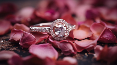 Wedding ring with diamonds on rose petals background. Love concept.の素材